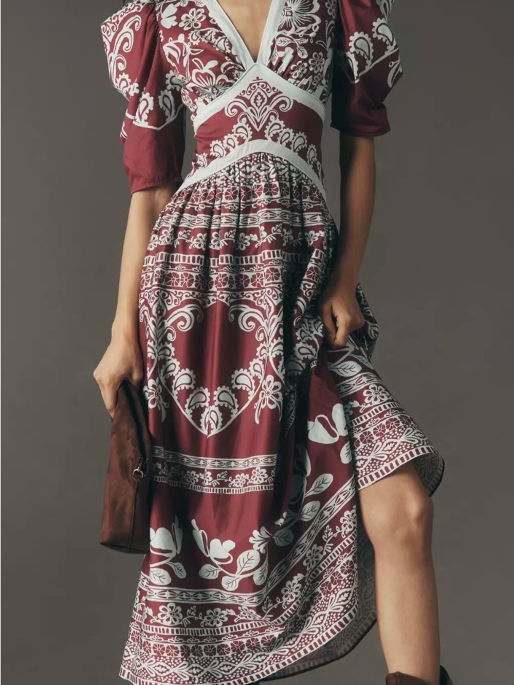 FARM Rio X Anthropologie Burgundy and Blue V-Neck Puff-Sleeve Midi/Maxi Dress
